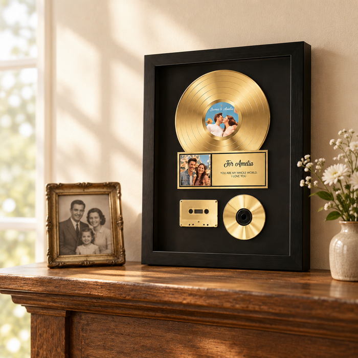 Record frame on a mantelpiece in memory