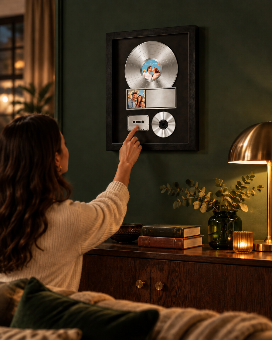 Silver record frame on a green wall